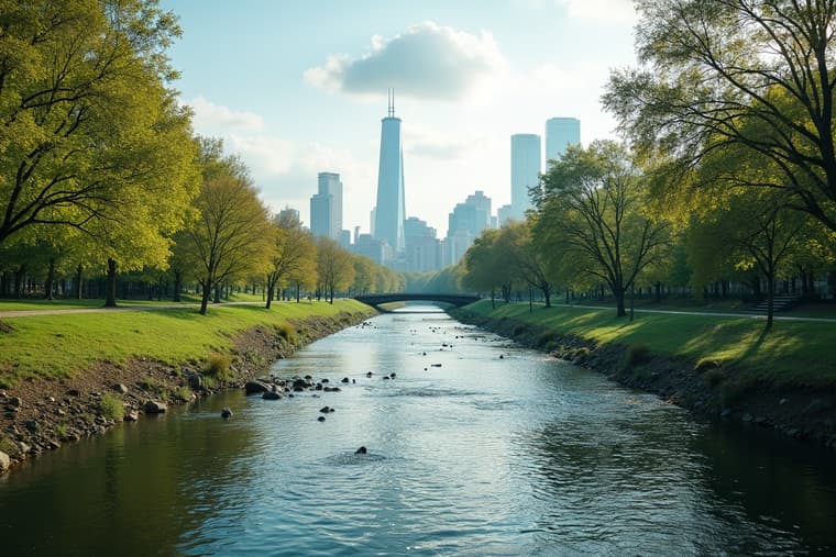 A river running through a green park with the Denver skyline behind