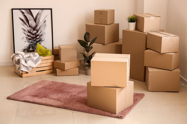 Cardboard moving boxes stacked on a rug beside a framed print