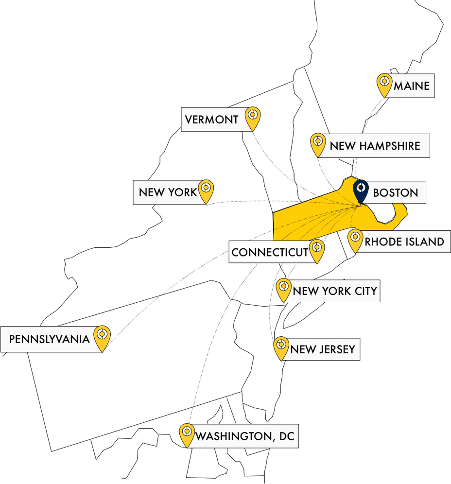 Map of Small Haul service areas across the Northeast: Boston, Massachusetts, Rhode Island, Connecticut, New Hampshire, Vermont, Maine, New York, New Jersey, Pennsylvania and Washington, DC