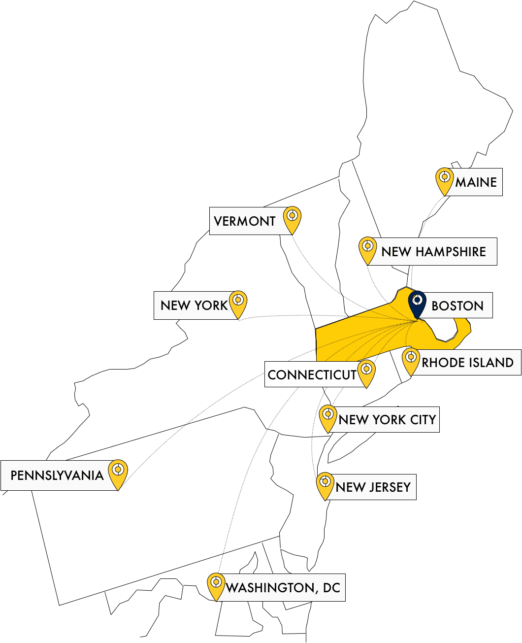 Map of Small Haul delivery areas across the Northeast: Boston, Massachusetts, Rhode Island, Connecticut, New Hampshire, Vermont, Maine, New York, New York City, New Jersey, Pennsylvania and Washington, DC