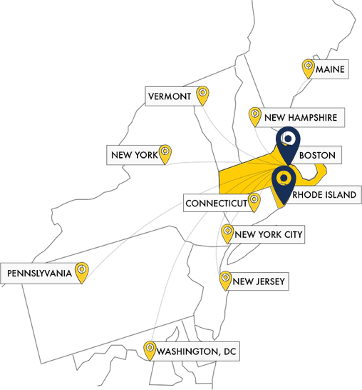 Map of Small Haul service areas across the Northeast, from Maine to Washington, DC, with hubs in Boston and Providence