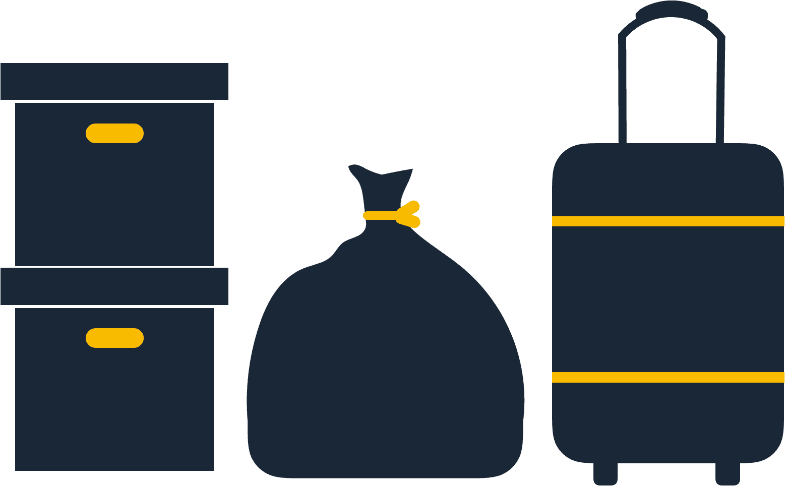Moving boxes, a trash bag, and a rolling suitcase